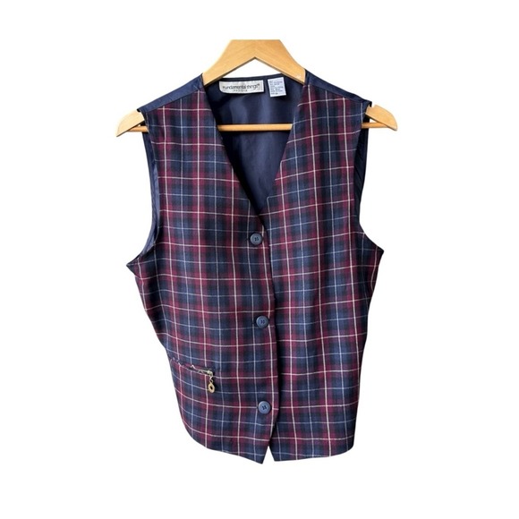 Fundamental Things Petites Jackets & Blazers - Fundamental Things Vest Vintage Plaid Button Front Navy Red Preppy Formal Sz 14